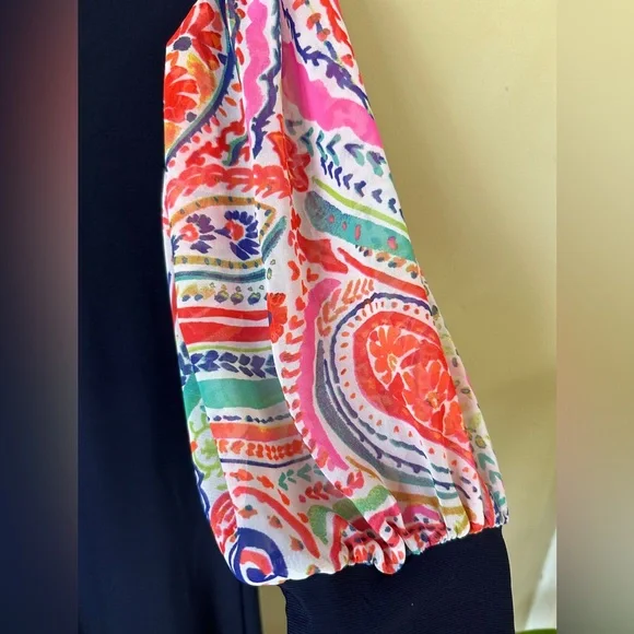 MSK Navy Dress with Floral Puff Sleeves Size S - Picture 5 of 8